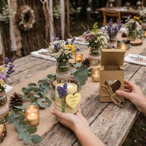 Personalized Lavender Candle Wedding Favors, Rustic Wooden Candlestick image 1