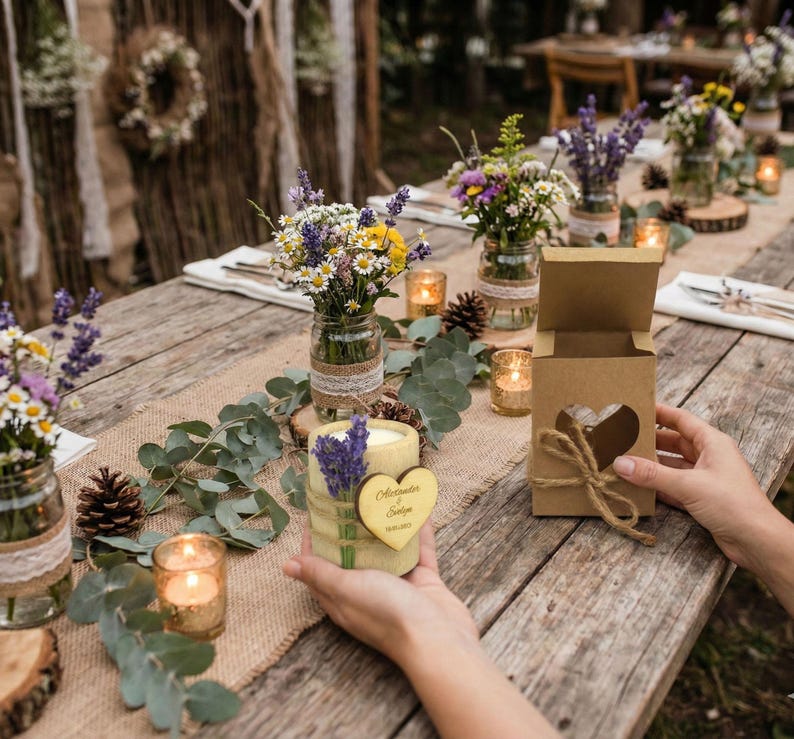 Personalized Lavender Candle Wedding Favors, Rustic Wooden Candlestick image 1