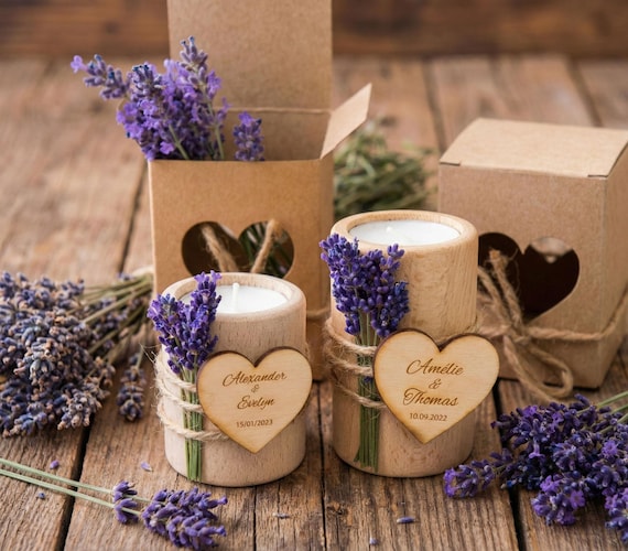Personalized Lavender Candle Wedding Favors, Rustic Wooden Candlestick