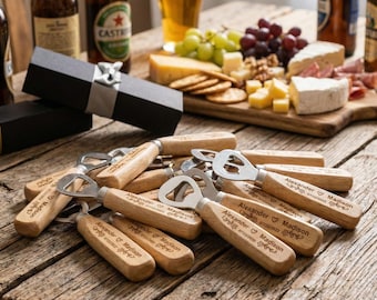 Personalized Wooden Bottle Opener, Engraved Wedding Favors with Box