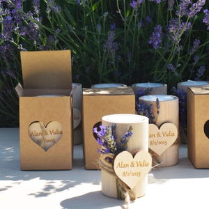 Personalized Lavender Candle Wedding Favors, Rustic Wooden Candlestick image 2