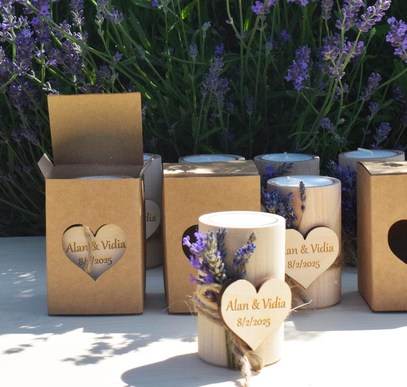 Personalized Lavender Candle Wedding Favors, Rustic Wooden Candlestick image 2