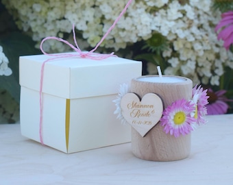 Personalized Wooden Candle Holder, Dried Flower Wreath, Wedding Favor