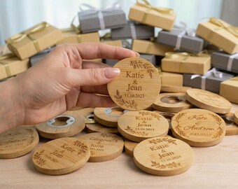 Personalized Round Wooden Bottle Opener, Rustic Wedding Favors