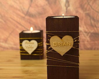 wooden candle holders, personalized gifts, guest party favors, wooden heart decoration, keepsake candle holders, rustic chic decor, gift