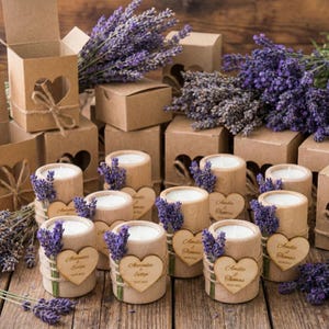 Personalized Lavender Candle Wedding Favors, Rustic Wooden Candlestick with Box