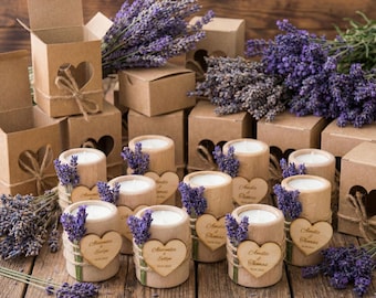 Personalized Lavender Candle Wedding Favors, Rustic Wooden Candlestick with Box