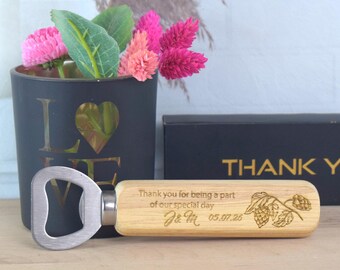 Personalized Wooden Bottle Opener, Engraved Rustic Wedding Favor with Box
