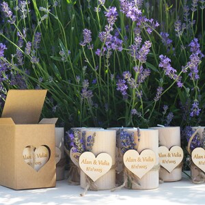 Personalized Lavender Candle Wedding Favors, Rustic Wooden Candlestick image 3