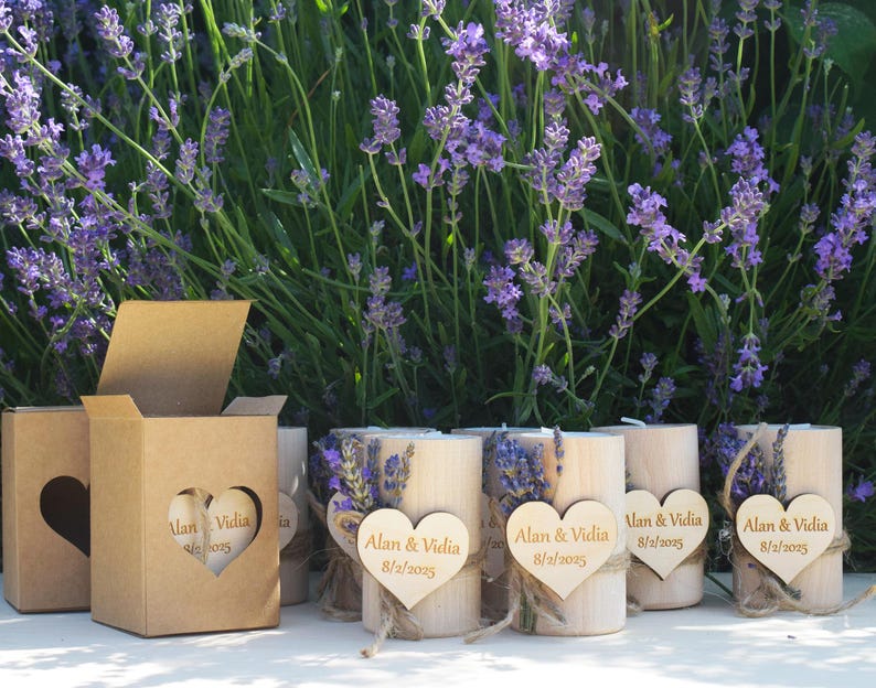 Personalized Lavender Candle Wedding Favors, Rustic Wooden Candlestick image 3