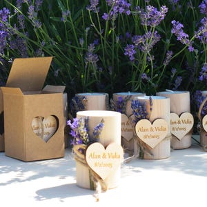 Personalized Lavender Candle Wedding Favors, Rustic Wooden Candlestick image 10