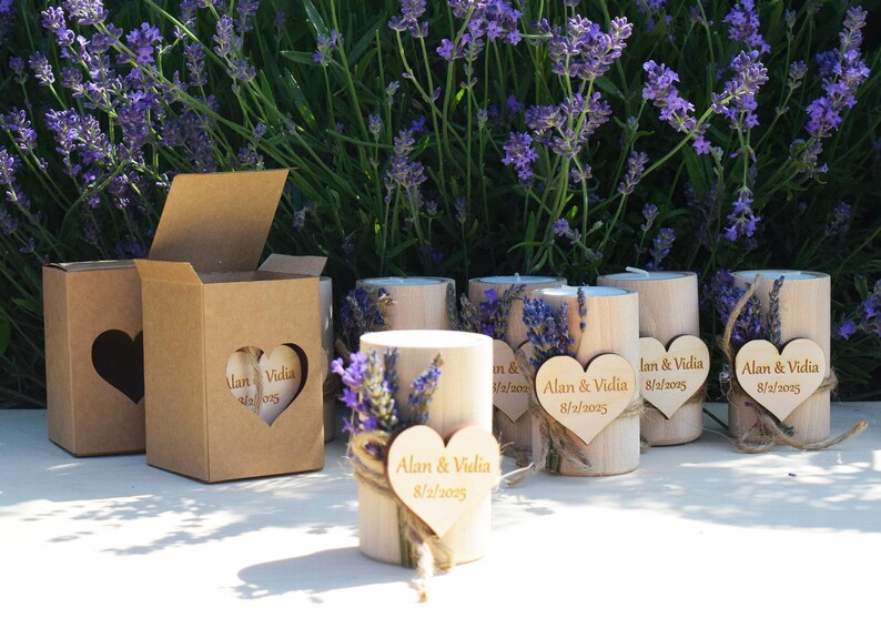 Personalized Lavender Candle Wedding Favors, Rustic Wooden Candlestick image 10