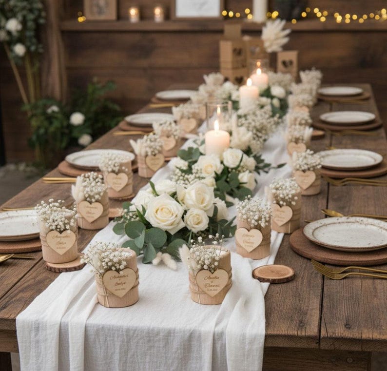 May include: A rustic wooden table set for a wedding reception. The table is adorned with white roses, candles, and small floral arrangements in cylindrical containers. Each place setting includes a plate, wooden charger, and gold cutlery.