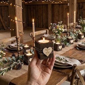 Personalized Wooden Candle Holder, Rustic Heart Decoration, Guest Party Favors