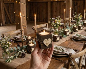 Personalized Wooden Candle Holder, Rustic Heart Decoration, Guest Party Favors