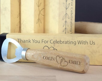 Engraved Wooden Bottle Opener, Personalized Wedding Favor with Gift Box