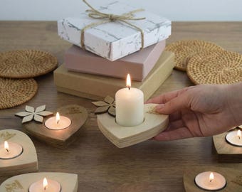 Engraved Wooden Heart Tealight Holder, Personalized Candle, Romantic Gift