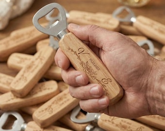 Engraved Wooden Bottle Opener, Personalized Wedding Favors, Gift Box
