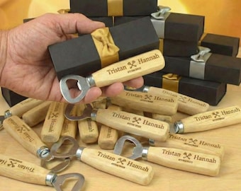 Personalized Wooden Bottle Opener, Engraved Wedding Favors with Box