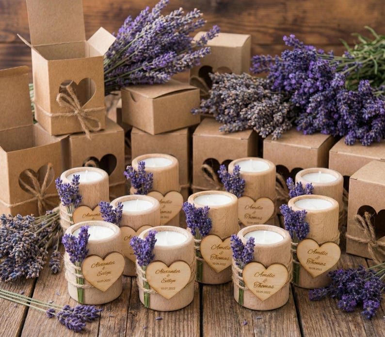 Personalized Lavender Candle Wedding Favors, Rustic Wooden Candlestick image 11