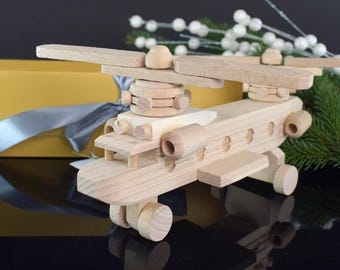 Natural Fir & Beech Wooden Toy Helicopter, Eco-Friendly Christmas Gift