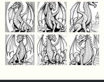 10 Page Dragon Medieval Fantasy Coloring Book, Printable Dragons | PDF Coloring Pages for Adults & Kids | Printable PDF, Color Dragons