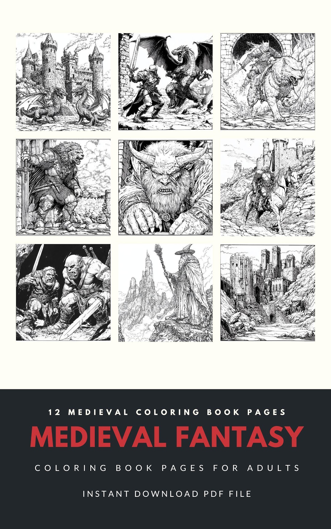 12-page Medieval Fantasy Coloring Book, Printable Wizards, Dragons ...