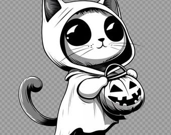 Cute Cat Ghost PNG, Halloween Cat PNG, Trick or Treat Cat Sublimation Design, Pumpkin PNG, Halloween T-shirt Design Png, Digital Download