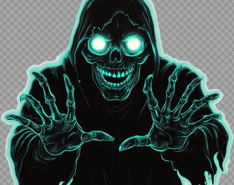 Scary Grim Reaper PNG, Glowing Skeleton Halloween Design, Horror PNG, Spooky Sublimation Design, Skeleton Hooded Figure PNG, Halloween