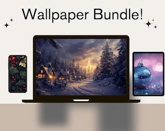May include: A bundle of three winter-themed phone wallpapers. The first wallpaper features a snowy forest scene with a cabin in the distance. The second wallpaper features a close-up of a blue Christmas ornament. The third wallpaper features a holly and berry design.