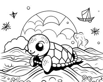 Può includere: Una pagina da colorare in bianco e nero con una tartaruga dei cartoni animati che nuota nell'oceano. La tartaruga ha occhi grandi e un sorriso. L'oceano è pieno di onde e bolle. Le parole "DIEREN KLEURBOEKJE" sono in cima alla pagina.