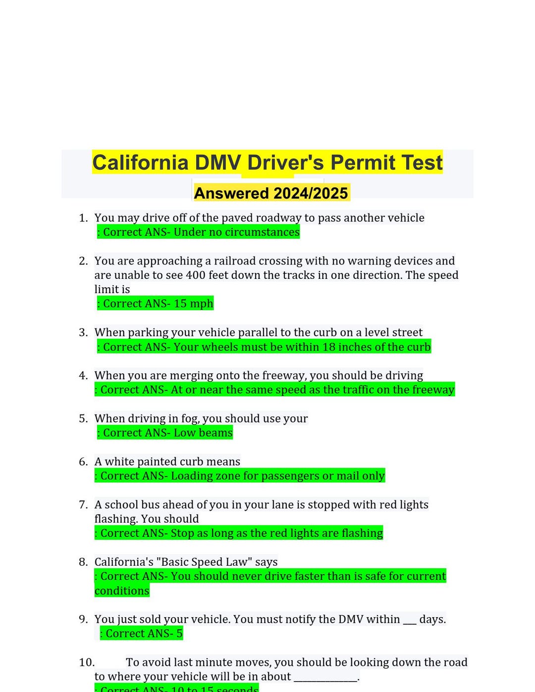 DMV Test for California Permit 2025 | CA DMV California Class C Driver ...