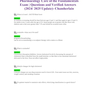 May include: A black and white image of a study guide for a mid-term exam in advanced pharmacology care of the fundamentals. The exam is for NR565/NR 565 and includes questions and verified answers. The exam is for the 2024/2025 update and is from Chamberlain.