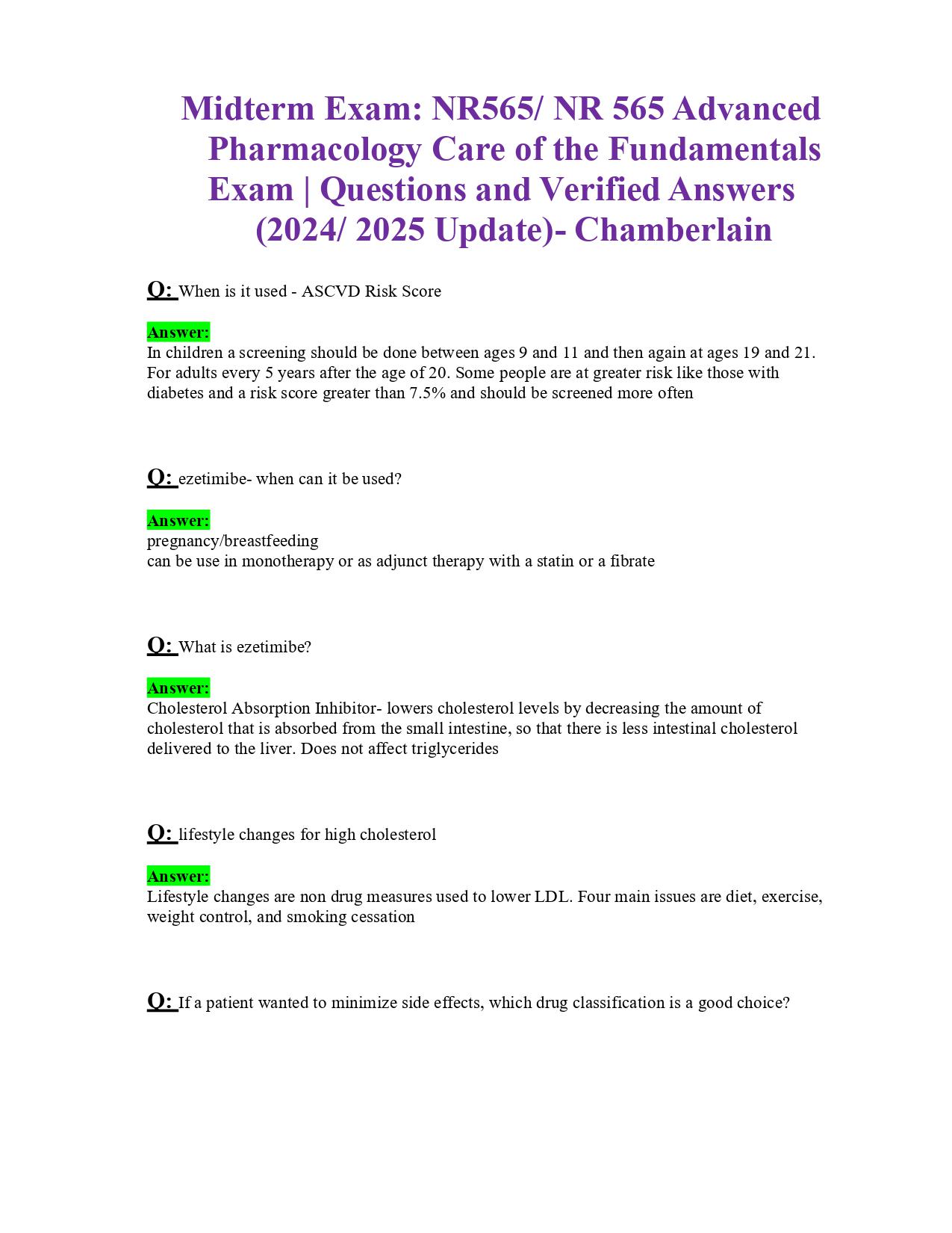 NR 565 - advanced pharmacology midterm - Chamberlain Updated Fall 2024/2025.