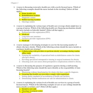 May include: A page from a nursing textbook with the title "RN ATI Fundamentals (10.0)" and a chapter heading "Chapter 1". The page contains multiple-choice questions about restorative health care, health care financing, and obesity care strategies.