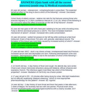 May include: A page of medical exam questions and answers for the USMLE Step 1 exam. The questions cover a variety of topics, including osteoporosis, chest pain, and wound healing.