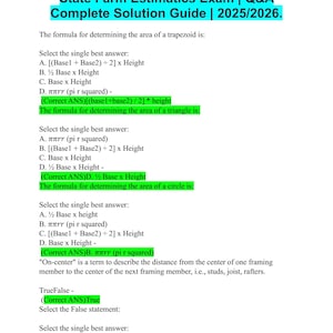 May include: A black and white image with text about a State Farm Estimatics Exam. The text includes the formulas for determining the area of a trapezoid, triangle, and circle. The text also includes the definition of "on-center" and a true/false question.