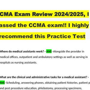 Könnte beinhalten: Bild eines CCMA-Examen-Review-Übungstests. Der Text lautet: "CCMA Exam Review 2024/2025, I passed the CCMA exam!! I highly recommend this Practice Test."