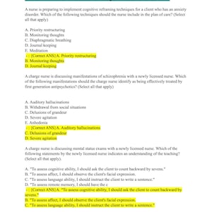 May include: A multiple choice question and answer sheet for a nursing exam. The questions are about cognitive reframing techniques, schizophrenia, and mental status exams.