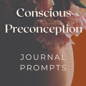 May include: A pregnant person with a bouquet of pink peonies, with the text "Conscious Preconception Journal Prompts" on the image.