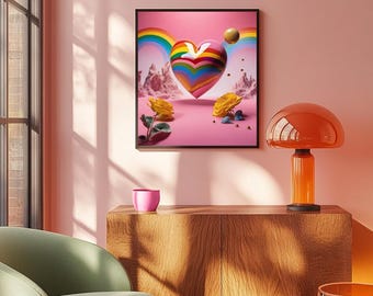 Rainbow Heart Wall Art, Retro Psychedelic Print, Surreal Pop Art Decor, Meditative Poster, Colourful Digital Download, Positive Energy Art