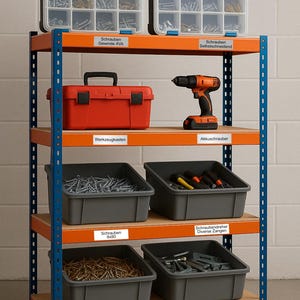 Könnte beinhalten: Mehrstöckiges Metallregal mit orangefarbenem und blauem Rahmen. Die Regale enthalten transparente Kunststoff-Organizer mit Schrauben, einen roten Werkzeugkasten, einen orangefarbenen Akkuschrauber und graue Behälter mit Werkzeugen.