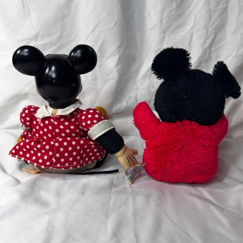 Disney Micky Minnie Maus Plüsch Vinyl Puppe Set klein Rot Schwarz Weiss Gut VTG Bild 2