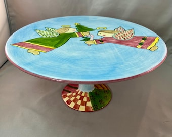 Laurie Gates Cake Stand Christmas Angels 11.5in Blue Excellent Hand Painted 2001