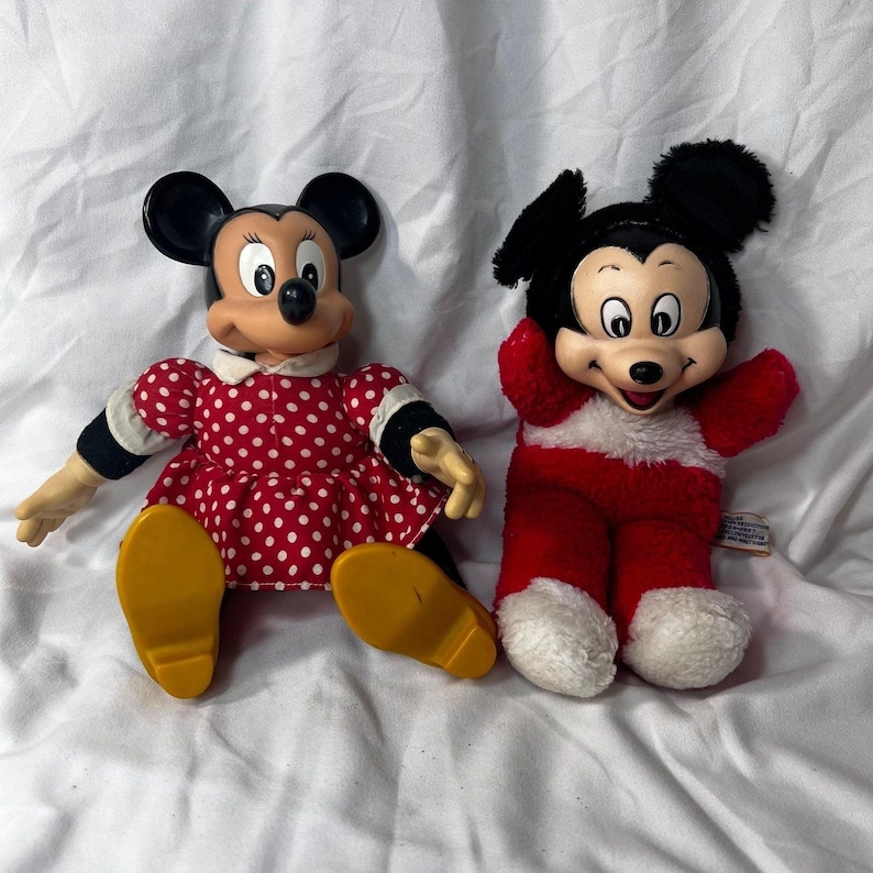 Disney Micky Minnie Maus Plüsch Vinyl Puppe Set klein Rot Schwarz Weiss Gut VTG Bild 1
