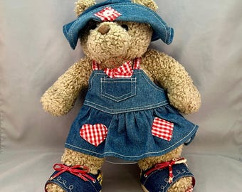 1997 Vintage Retired 13" Build-A-Bear Curly Brown Teddy Bear Denim Outfit Hat