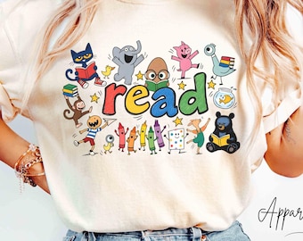 Comfort Colors® Kids Reading Shirt, Colorful Storybook Characters Sweatshirt, Literacy Teacher Librarian Gift for Elementary Book Lovers
