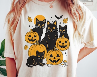 Comfort Colors Black Cat & Pumpkins Shirt, Spooky Black Cat Shirt, Retro Halloween Sweatshirt, Halloween Pumpkin Tee, Witchy Halloween Shirt
