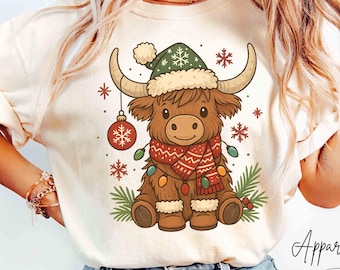 Comfort Colors® Christmas Cow Sweatshirt, Highland Cow Christmas Shirt, Cute Plaid Hat Cow Shirt, Farm Shirt, Cow Lover Christmas Gift Shirt