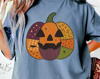 Comfort Colors® Patchwork pumpa-tröja, Halloween-pumpa-tröja, höstpresent-tröja, pumpasäsongströja, pumpatröja, pumpakläder